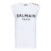 Witte Mouwloze T-shirt met Logo Balmain , White , Dames