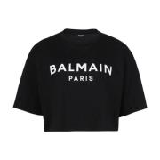 afgeknipte katoenen T-shirt met logoprint Balmain , Black , Dames