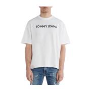 Oversize Wit T-shirt met Bedrukt Logo Tommy Jeans , White , Heren