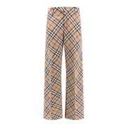 Check Print Wool Blend Wide Leg Broek Burberry , Beige , Heren