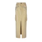 Denim Maxi Rok met Voor Split Self Portrait , Beige , Dames