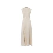 Mouwloze Linnen Maxi Jurk met Opstaande Kraag IVY OAK , Beige , Dames