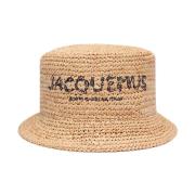 Natuurlijke Raffia Geborduurd Logo Hoed Jacquemus , Beige , Dames