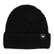 Effen Logo Beanie Muts Emporio Armani , Black , Heren