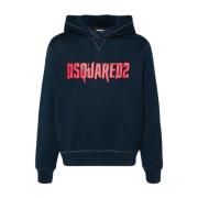 Navy Blue Logo Print Hoodie Dsquared2 , Blue , Heren