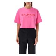 Cropped Logo T-Shirt Fucsia Rose Balmain , Pink , Dames