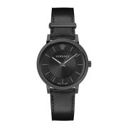 Heren Leren Analoge Horloge V Circle Versace , Black , Heren