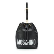 Zwarte Leren Schoudertas Trekkoordsluiting Moschino , Black , Dames