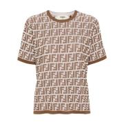 Handtekening FF-Patroon Gebreide Crew Neck T-shirt Fendi , Beige , Dam...