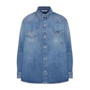 Blauwe Denim Shirt met V Logo Valentino Garavani , Blue , Heren