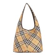 Canvas Schoudertas met Leren Afwerking Burberry , Beige , Dames