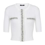 Geborduurde cropped gebreide vest Balmain , White , Dames