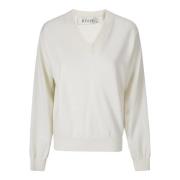 Wollen V-hals Sweater met Ribgegevens Róhe , White , Dames