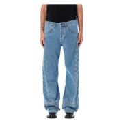 Lichtblauwe Maan Laser Gebogen Jeans Marine Serre , Blue , Heren