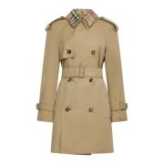 Korte Trenchcoat met Ruitdetails Burberry , Beige , Dames