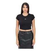 Zwart Geribbeld Katoenen Logo T-shirt Calvin Klein Jeans , Black , Dam...