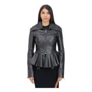 Zwarte leren peplum jas Versace Jeans Couture , Black , Dames