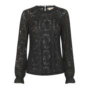 Kanten blouse met pofmouwen Cream , Black , Dames