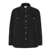 Denim Blouse met Overhemdkraag en Borstzakken Part Two , Black , Dames