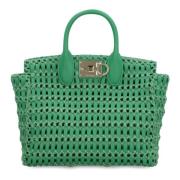 Raffia Handtas met Leren Details Salvatore Ferragamo , Green , Dames