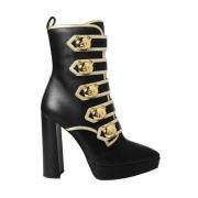 Leren Enkellaarsjes met Puntige Neus Moschino , Black , Dames