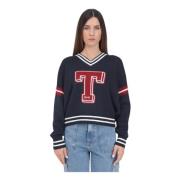 Blauwe V-hals College Sweater Tommy Jeans , Blue , Dames