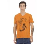 Oranje V-hals T-shirt met Elegant Print Trussardi , Orange , Heren