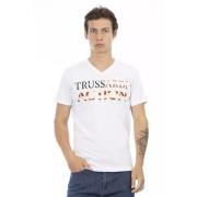 Elegant V-hals T-shirt met Frontprint Trussardi , White , Heren