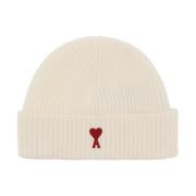 Geribbelde wollen beanie met logo patch Ami Paris , White , Heren