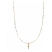 Womens Mini Pearl Choker with Cross Nialaya , Yellow , Dames