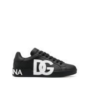 Zwarte Leren Sneakers Logo Print Dolce & Gabbana , Black , Heren