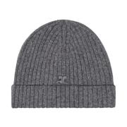 Grijze Wol Ribgebreide Beanie Hoed Courrèges , Gray , Heren