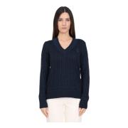 Blauwe V-hals trui met vlechtpatroon Ralph Lauren , Blue , Dames