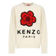 Witte Wol Crewneck Trui met Bloemenborduurwerk Kenzo , White , Heren