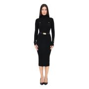 Zwarte Geribbelde Midi Jurk Elegant Herfst Winter Elisabetta Franchi ,...