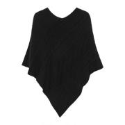 Zwarte Gebreide Poncho met Elegant Patroon Cream , Black , Dames