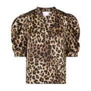 Leopard Print Puff Sleeve Top Neo Noir , Brown , Dames