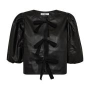 Leren strikblouse met korte pofmouwen Co'Couture , Black , Dames