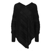 Zwarte Gebreide Poncho met V-Hals Cream , Black , Dames