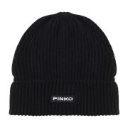 Zwarte Wol Beanie Hoed Logo Pinko , Black , Dames