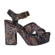 Zwarte Velvet Plateau Sandalen met Bloemenprint Etro , Multicolor , Da...