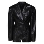 Zwarte Leren Peak Lapel Jas Andamane , Black , Dames