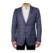 Blauwe Tartan Wollen Blazer Made in Italia , Blue , Heren