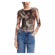 Bruine Bedrukte Lange Mouw T-shirt Desigual , Brown , Dames