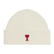 Witte Wol Ribgebreide Beanie Hoed Ami Paris , White , Heren