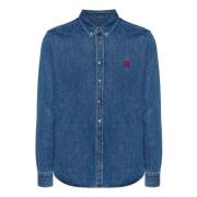 Blauwe Denim Shirt met Hart Monogram Ami Paris , Blue , Heren