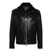 Zwarte Leren Hoodiejas Gehamerd Patroon Dondup , Black , Heren