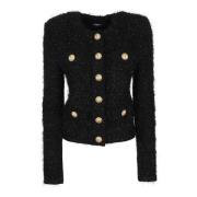 Zwart Tweed Jas Verhoog Stijl Balmain , Black , Dames