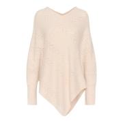 Gebreide Poncho met V-Hals en Patroon Cream , Beige , Dames