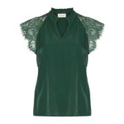 Kanten blouse met Pine kanten mouwen Cream , Green , Dames